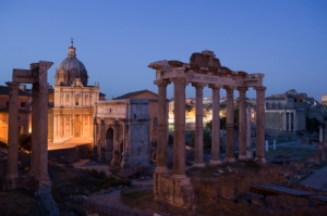 View of the Foro Romano (Roman Forum) at dusk.